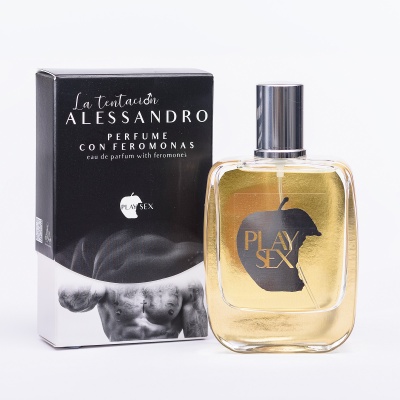Frasco de perfume âmbar com rótulo PLAY SEX e caixa preta e branca com texto La tentación ALESSANDRO