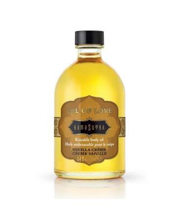 Frasco de óleo corporal lavável Kama Sutra Vanilla Crème com líquido amarelo e tampa preta