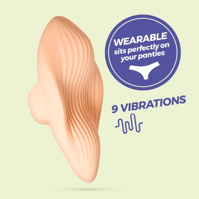 Dispositivo wearable cor de pele com textura ondulada e texto em círculo azul