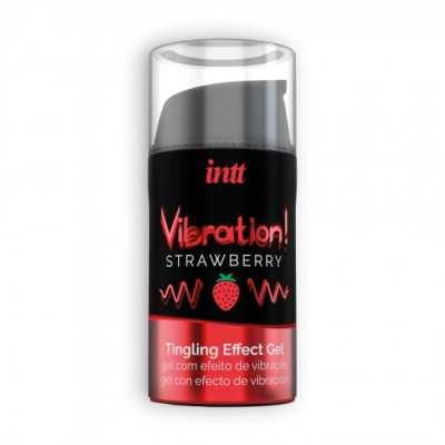 Frasco de gel tingling Intt Vibration! sabor morango com etiqueta preta e vermelha