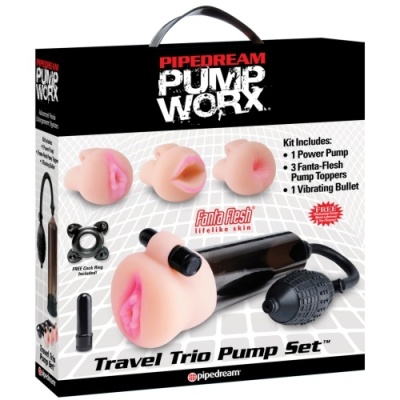 Caixa do kit Pipedream Pump Worx Travel Trio Pump Set com três bombas sexuais cor pele e vibrador preto.