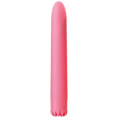 Vibrador rosa com ponta arredondada e textura ondulada na base