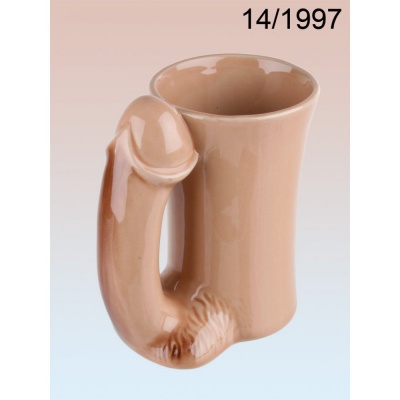 Caneca cerâmica cor de pele com pega em forma de pénis e texto 14/1997