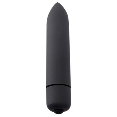 Vibrador preto cilíndrico com ponta arredondada e botão na base sobre fundo branco