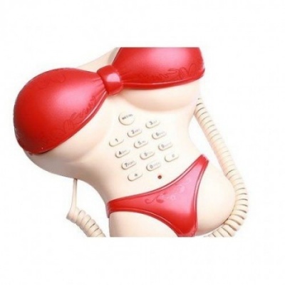 Telefone fixo em forma de torso feminino com biquíni vermelho