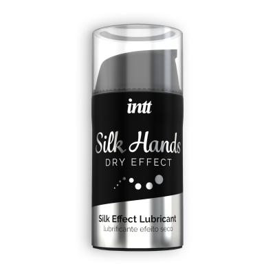 Frasco preto e prateado de lubricante intt Silk Hands com tampa transparente