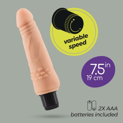 Vibrador em formato de pénis cor pele com regulador de velocidade variável preto e indicação de tamanho