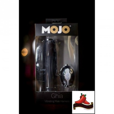 Embalagem do produto MOJO Ghia Vibrating Male Harnes preto com controle