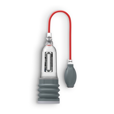 bomba de vácuo com tubo transparente e base cinzenta, mangueira vermelha e bomba manual cinzenta