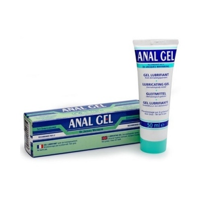 Gel lubrificante Anal Gel em tubo de 50 ml com embalagem azul, branco e verde