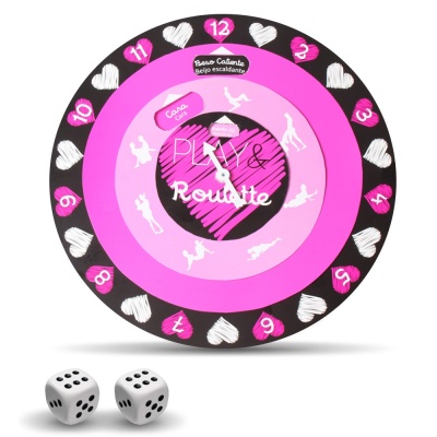 Jogo de tabuleiro redondo rosa e preto com dados brancos