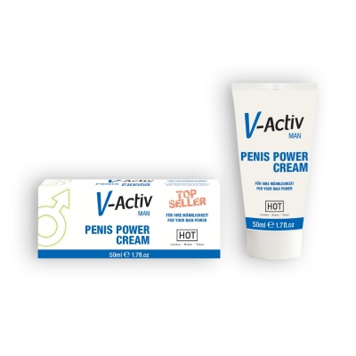 Creme V-Activ Man Penis Power Cream em tubo e caixa brancos com texto azul e preto