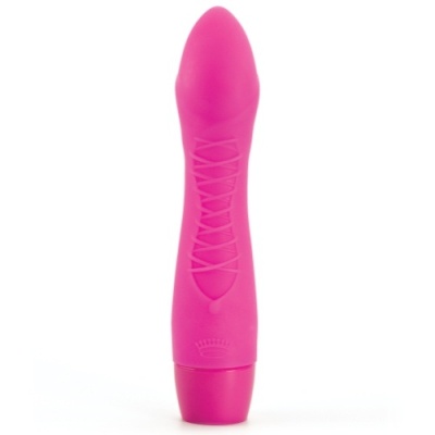 Vibrador rosa em silicone com textura rendada e formato curvo