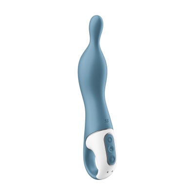 Vibrador azul em silicone com base branca e botões de controlo