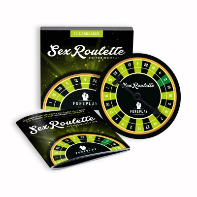 Jogo Sex Roulette com disco giratório e livreto em preto, verde e amarelo