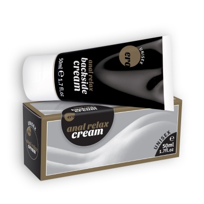Creme anal relax em tubo preto com embalagem caixa nas cores preto, branco e dourado.