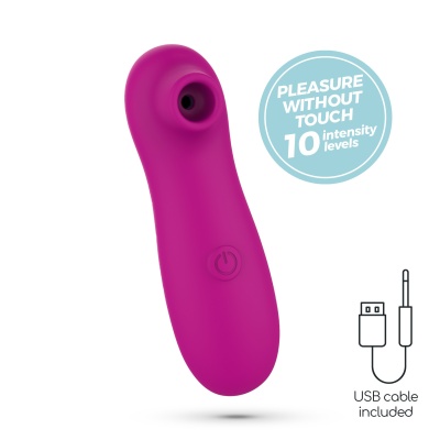 Vibrador roxo com botão e abertura circular, cabo USB incluído, selo azul com texto em inglês