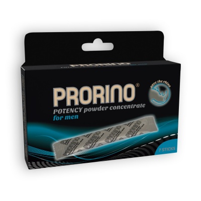 Embalagem preta e azul do produto PRORINO POTENCY powder for men com 7 sticks
