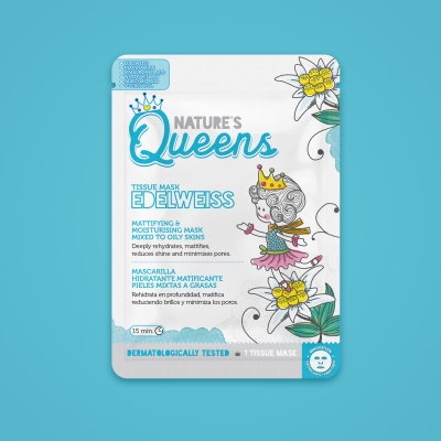 Pacote de máscara facial Nature's Queens Edelweiss com desenho e texto.