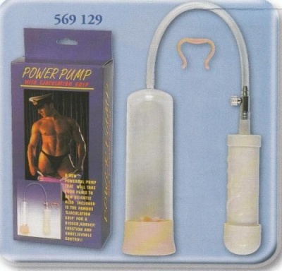 Bomba manual transparente com cabo branco e caixa roxa com imagem e texto