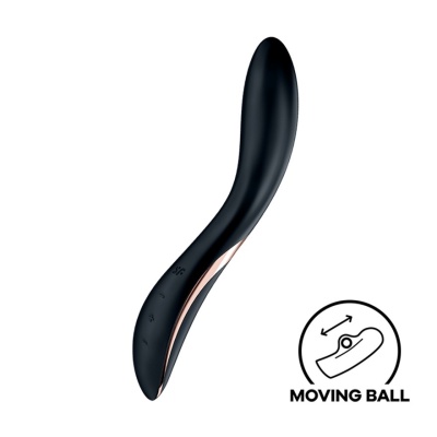 vibrador preto curvo com detalhes dourados e botões, apresentado com ícone MOVING BALL