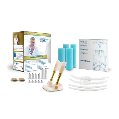 Kit de reabilitação ortopédica com dispositivo de apoio, espumas azuis, parafusos metálicos, almofadas brancas flexíveis e manual de instruções