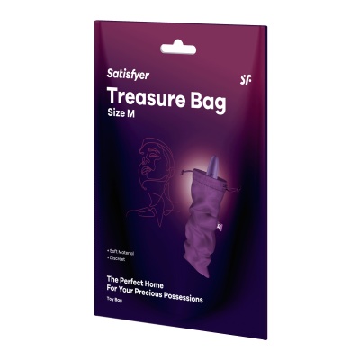 Embalagem roxa de Treasure Bag Satisfyer tamanho M com descrição e imagem do produto.
