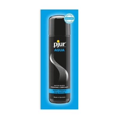 Frasco preto de lubrificante pessoal pjur AQUA com texto em branco, amarelo e azul sobre fundo azul
