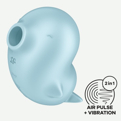 Produto azul claro em forma de golfinho com selo 2 in 1 AIR PULSE + VIBRATION