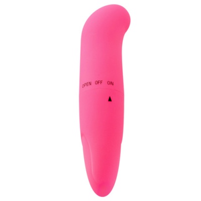 Vibrador rosa curvo com indicações de ON, OFF e OPEN