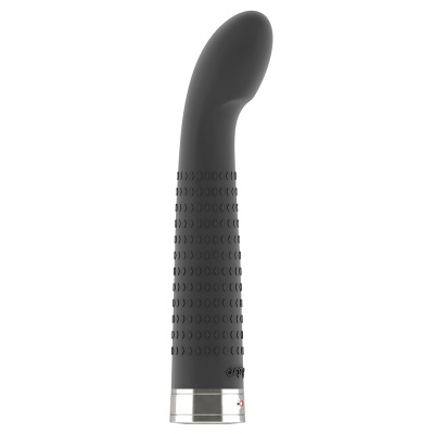 Vibrador preto com textura e base metálica sobre fundo branco