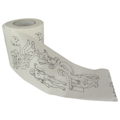 Rolo de papel higiénico branco com desenhos a preto de figuras femininas