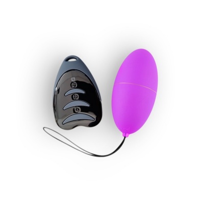 Controlo remoto preto e ovo vibratório roxo sobre fundo branco
