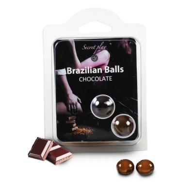 Embalagem de bolas Brazilian Balls Chocolate da Secret play com duas bolas castanhas e pedaços de chocolate