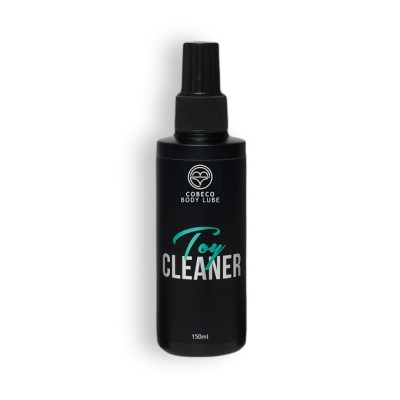 Frasco preto de Toy Cleaner com rótulo branco e azul