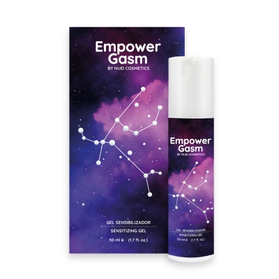 Gel sensibilizador Empower Gasm em embalagem e caixa com design estrelado roxo e azul