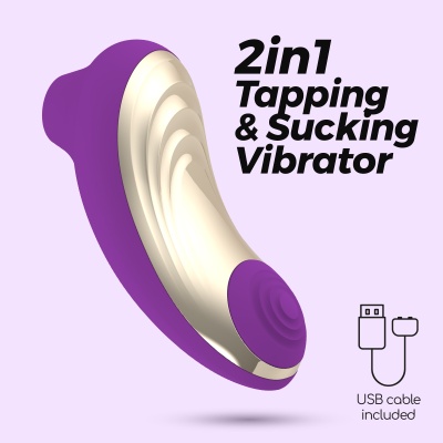 Vibrador roxo e creme 2 em 1 com texto e ícone de cabo USB.