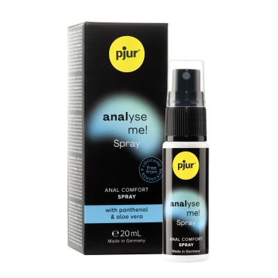 Spray pjur analyse me! anal comfort spray 20 mL com pantenol e aloe vera, embalagem preta com detalhes azuis e amarelos.