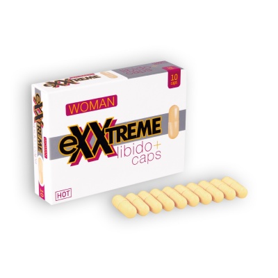 Caixa branca e cápsulas amarelas do produto WOMAN eXXTREME libido+ caps