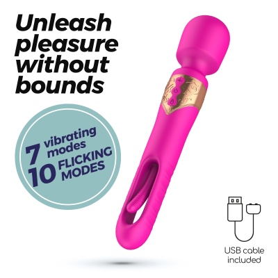 Vibrador rosa com cabo USB incluído e texto promocional