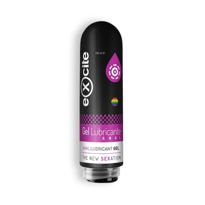 Frasco preto de Gel Lubrificante Anal eXcite com texto roxo e branco