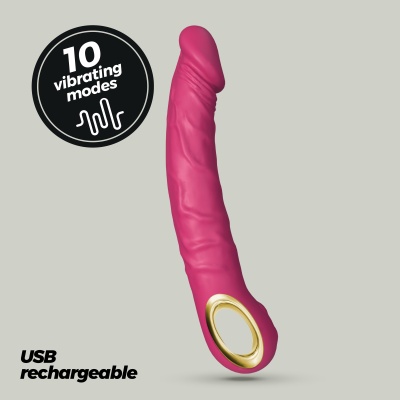 Vibrador rosa com texto a indicar 10 modos vibratórios e carregamento USB