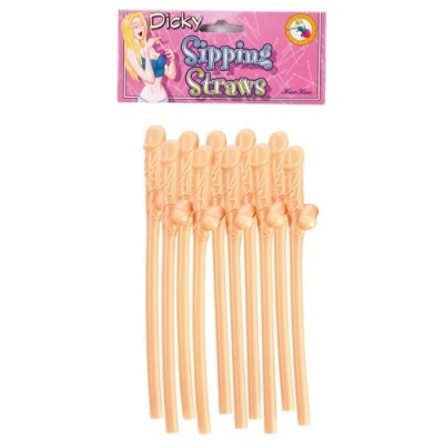 Palhinhas plásticas em forma de pénis em pacote rosa com texto e desenho de mulher