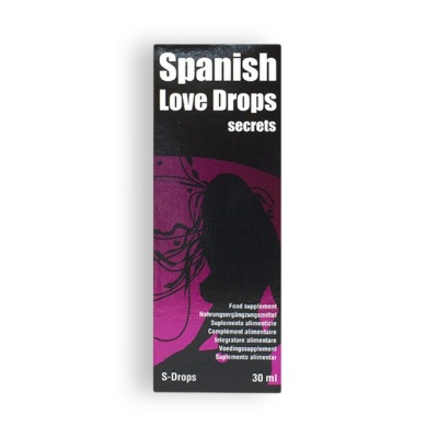 Embalagem preta e roxa do suplemento alimentar Spanish Love Drops secrets 30ml