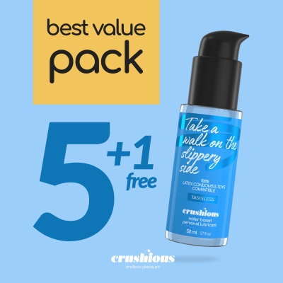 Frasco de lubrificante Crishious azul com texto branco e tampa preta, promoção 5+1 free em fundo amarelo e azul.