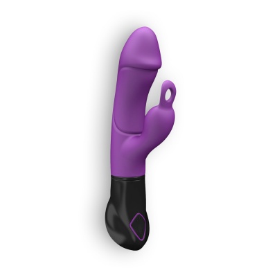 Vibrador roxo com base preta e botão triangular.