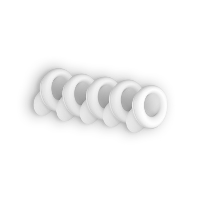 Cinco fitas isolantes brancas empilhadas horizontalmente.