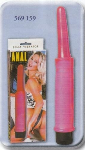 Vibrador de gelatina rosa com embalagem mostrando texto e imagem de mulher loira