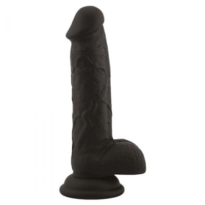 Dildo preto com textura realista e base circular.