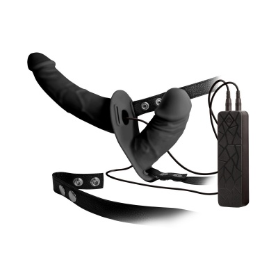 Arnés sexual preto com dois penes realistas e controle remoto